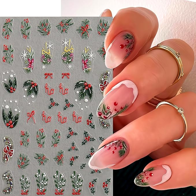 4 Sheets Christmas Nail Art Stickers Christmas Holly Nail Decals Relief Holly Leaf Christmas Tree Elk Nail Supplies White Snowflake Nail Design for Women New Year Xmas Holiday Nail Decor Accessories