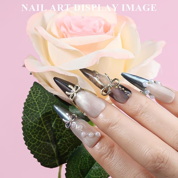 3D Metal Bowknot & AB Pearl and Mini Beads Nail Art Kit - Gold/Silver Alloy Bowknot, 1-2mm Stainless Steel Caviar Beads, 3mm Half Pearls for Professional Salon & DIY Manicure Jewelry Designs (Set 4)