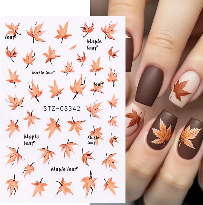 Maple Leave Nail Art Sticker Decals, Fall Pumpkin Maple Leaves Nail Stickers 6PCS Autumn Nail Decals for Nail Art Colorful Leaves Design Nail Supplies Elegant Self Adhesive Decals for Women Nail Decor