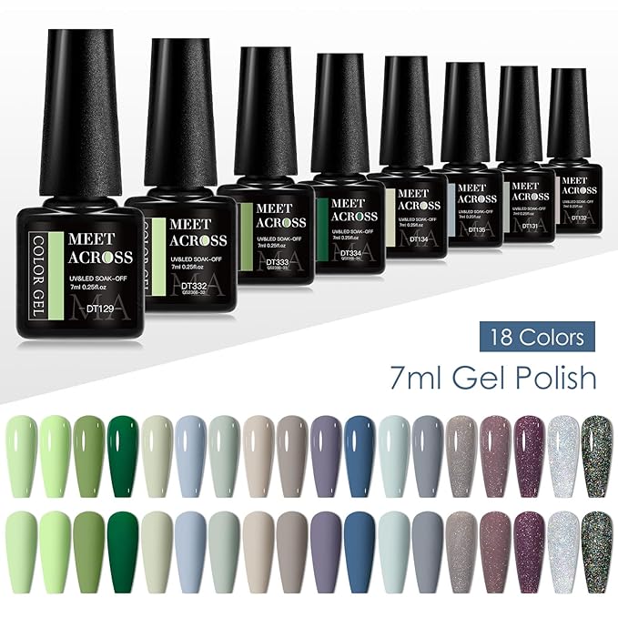 MEET ACROSS 18pcs Gel Nail Polish Set Soak Off UV LED Lamp Gel Nail Polish Kit (SET-7, 18pcs)