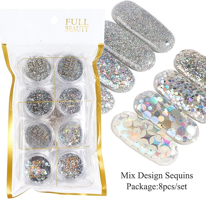 Holographic Nail Sequin Glitter Accessories Colorful 3D Glitter Flakes Nail Supply Acrylic Flakes Designs False Nails Manicure Tips Kit for fingernail toenail Nail Glitter Art Decorations (8 Boxes)