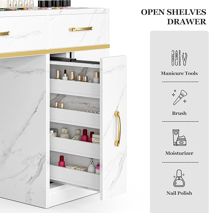 Nail Tech Table with Dust Collector, Glass Top Manicure Table Nail Desk Station w/7 Drawers & 3-Tiers Open Shelves, Nail Beauty Workstation w/Wrist Cushion & Golden Handles（Marble Color）