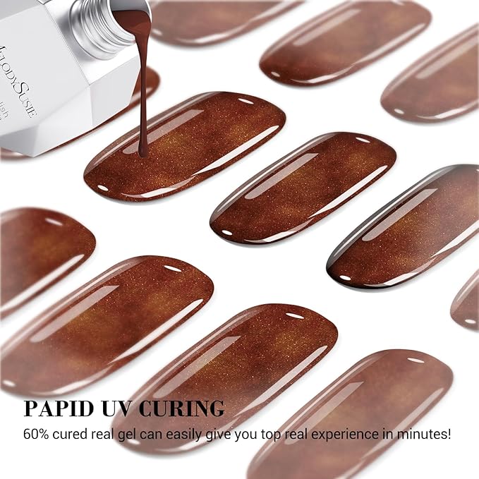 MelodySusie Semi Cured Gel Nail Strips (Brown Shading), Works with Nail lamp, Salon Quality, Long Lasting, Easy to Apply and Remove, Includes 20Pcs, 2 Prep Pads, Nail File and Wooden Stick