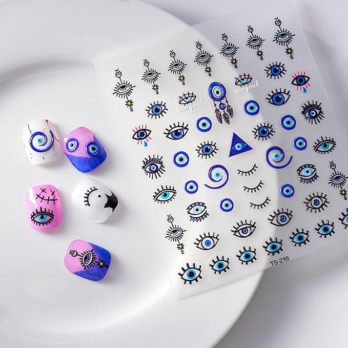 Blue Evil Eye Nail Stickers 5D Embossed Nail Decals Self-Adhesive Nail Art Supplies Eyelash Eye Manicure Stickers for Women Nails Art Decoration