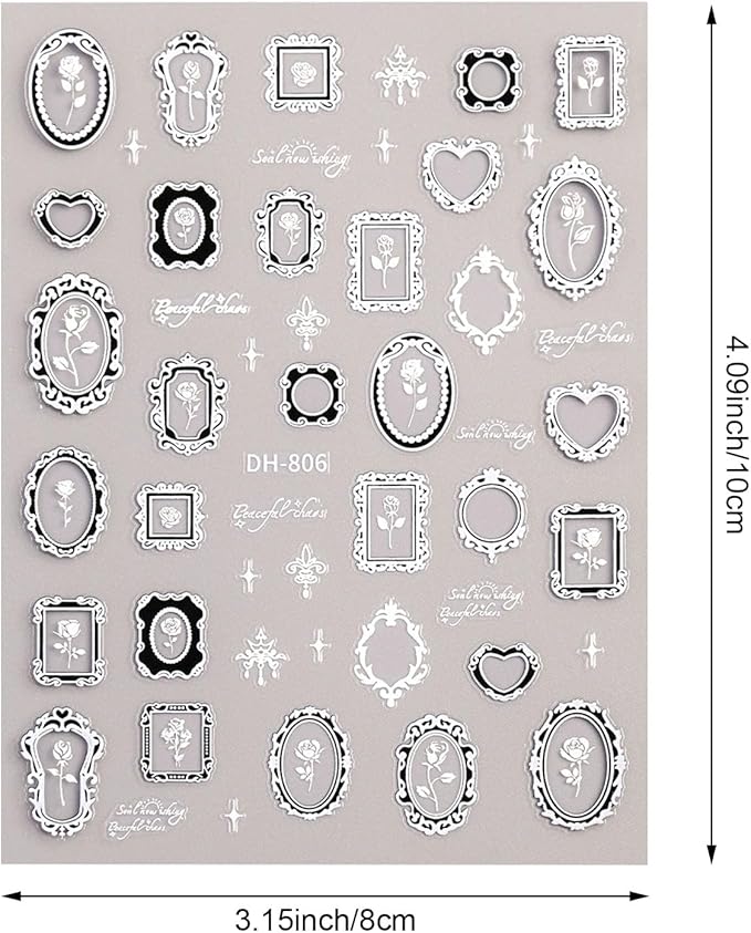 4 Sheets Vintage Nail Stickers for Women, 5D Embossed Frame Nail Decals for Designe Nail Art Supplies Manicure Decoration Accessories