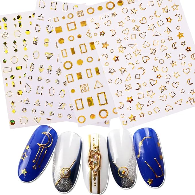 11 Sheets Gold Nail Art Stickers Decal,Stars Moon Nail Decals 3D Self-Adhesive Nail Art Supplies Metallic Stars Moon Planet Heart Glitter Nail Designs Sticker for Women DIY Acrylic Nails Decorations