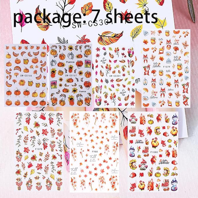 7 Sheets Fall Maple Nail Stickers for Nail Art, 3D Self-Adhesive Autumn Leaf Pumpkin Nail Decals, Mushroom Nail Supplies Nail Art Design Accessories for Women and Girls Manicure DIY Decoration