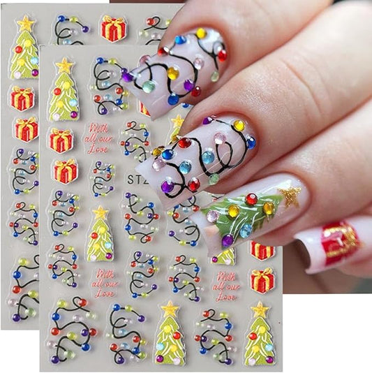 Christmas Nail Art Stickers 5D Embossed Colorful Light Nail Decals 2PCS Xmas Tree String Light Gift Box Self-Adhesive Xmas Nails Design Nail Art Supplies Stickers for Women Manicure Decorations