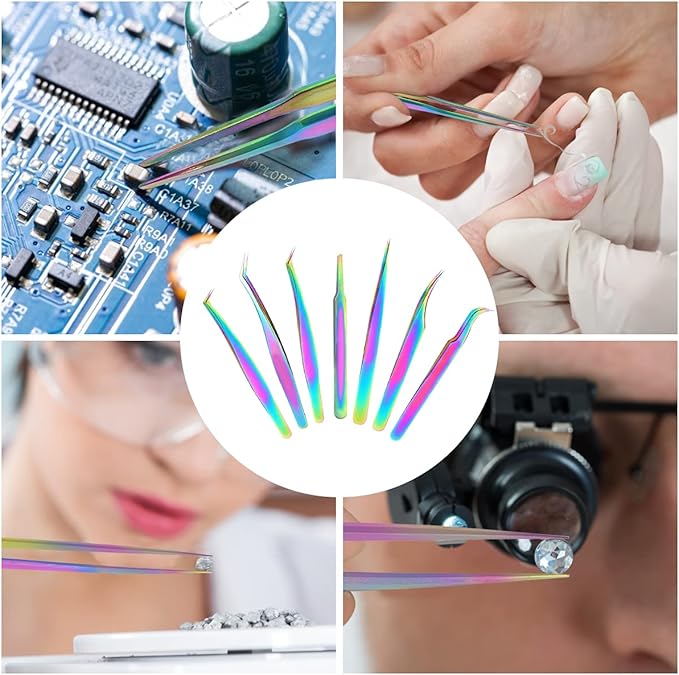 Eyelash Extension Tweezers Set, Fangze 7 Pcs Lash Kit Rainbow Stainless Steel Straight and Curved Tweezer for Nail Art Ingrown Hair Craft