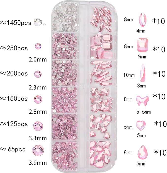 Multi Shapes Light Pink 3D Glass Crystal Nail Rhinestones Kit Mix 0.8mm Silver Nail Round Beads Charm Flatback Gems 5 Grids Flatback Rhinestones Stone Diamond for Manicure Makeup DIY Decoration