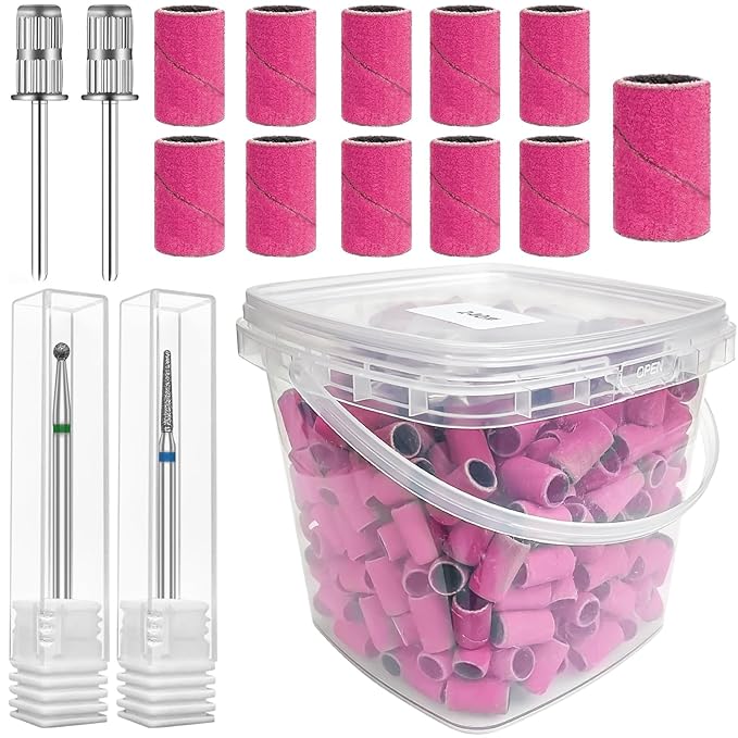 400 Pcs 240 Grit Nail Sanding Bands with 2 Pcs Nail Drill Bits, Sanding Bands for Nail Drill, Nail Drill Sanding Bands, Professional Nail Drill Bits Sanding Bands for Manicure Pedicure