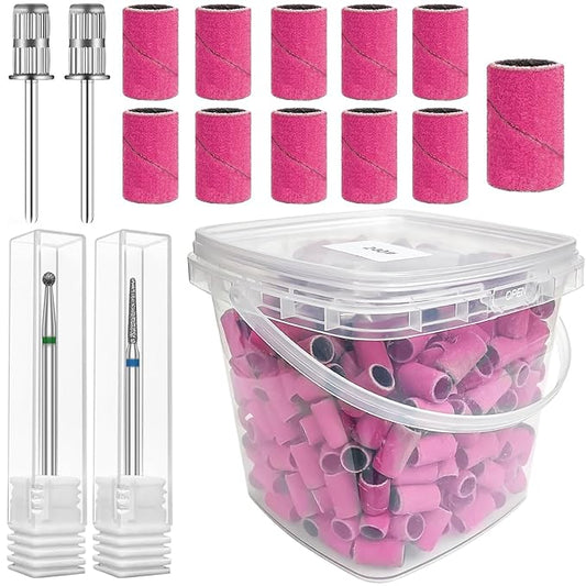 400 Pcs 240 Grit Nail Sanding Bands with 2 Pcs Nail Drill Bits, Sanding Bands for Nail Drill, Nail Drill Sanding Bands, Professional Nail Drill Bits Sanding Bands for Manicure Pedicure