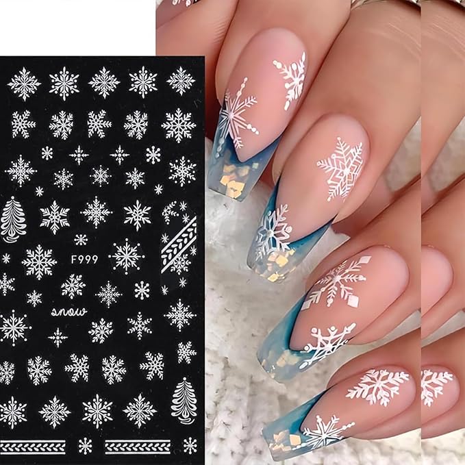 8 Sheets Christmas Snowflake Nail Art Stickers - Gold & White Snowflakes 3D Self-Adhesive Winter Holiday Nail Decals for Women & Girls
