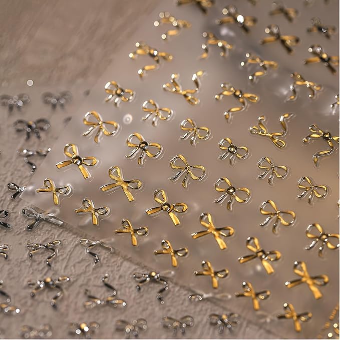 5D Embossed Bow Nail Art Stickers Decals Silver Gold Bow Nail Stickers for Nail Art Self Adhesive Silver Gold Bow Nail Art Supplies for DIY Manicure Decoration for Women Girls 2 Sheets
