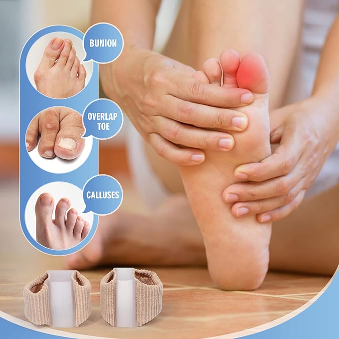 4 PCS Toe Spacers Separators, Wicking& Breathable Fabric Bunion Corrector with Gel Lining for Bunion Pain Relief and Overlapping Toe, Gel Bunion Corrector with Double Loops