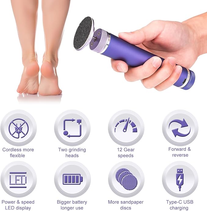 Electric Callus Remover for Feet, Cordless Foot File Pedicure Tool, Foot Sander Nail Grinder with 60+10PCS Sandpapers for Dead Skin Dry Calluses, 3 in 1 Foot Scrubber & Nail File (Purple)