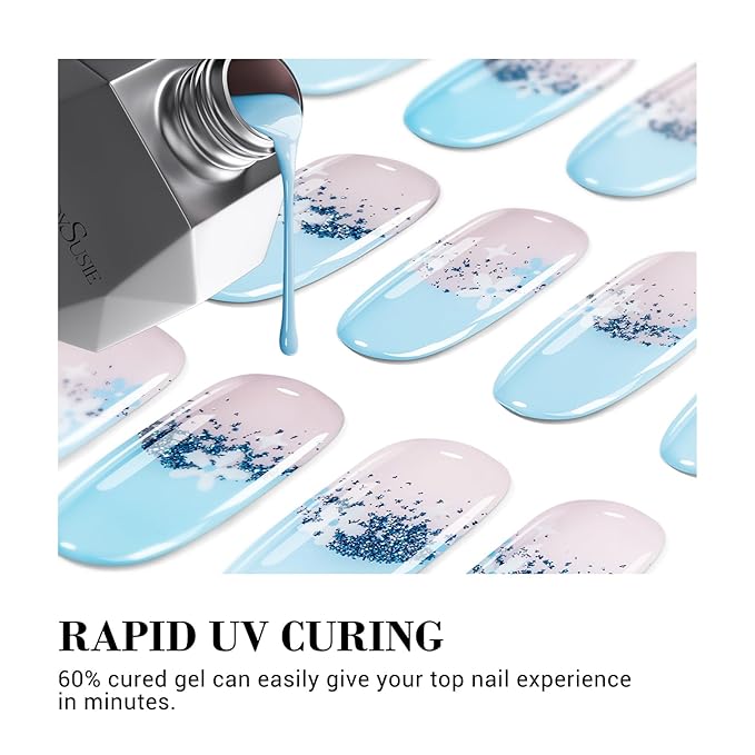 MelodySusie 30PCS Semi Cured Gel Nail Strips (Blue Glitter French Tips), Works with Nail lamp, Salon Quality, Long Lasting, Easy to Apply and Remove, Includes 2 Prep Pads, Nail File and Wooden Stick