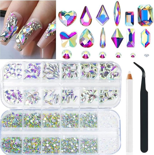 2680Pcs AB Nail Rhinestones, Big Colorful AB Nail Charms, Diamond Gems Stones with 2560Pcs AB Flatback Round Beads, Clear Acrylic Colored Glass Jewelry for Nails Faces Eyes Makeup Decoration