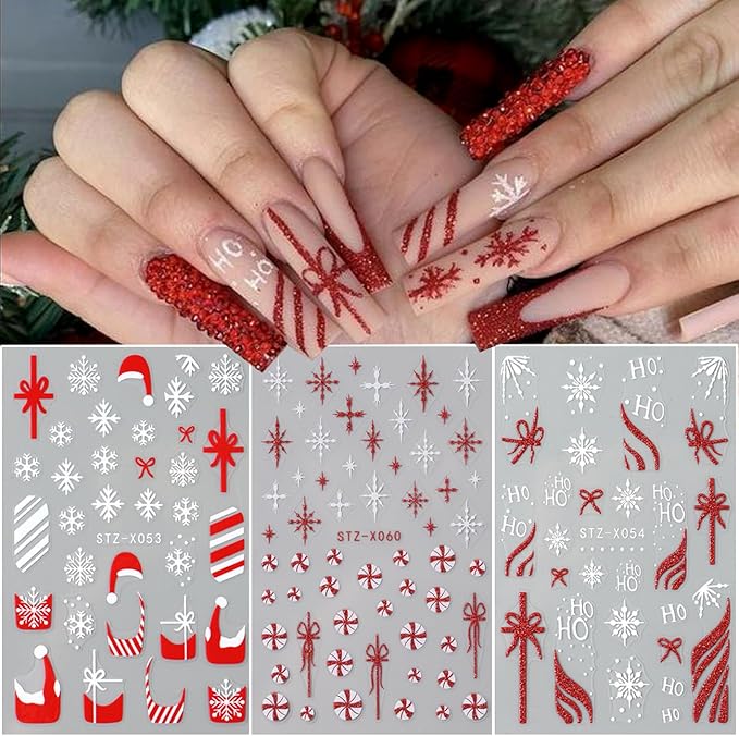 6Sheets Red Christmas Nail Art Stickers,Christmas Hat Snowflake Gift with French Bow Snowflakes Hat Glitter Design 3D Self-Adhesive Decals Supplies Winter New Year Manicure Tips Decoration for Women