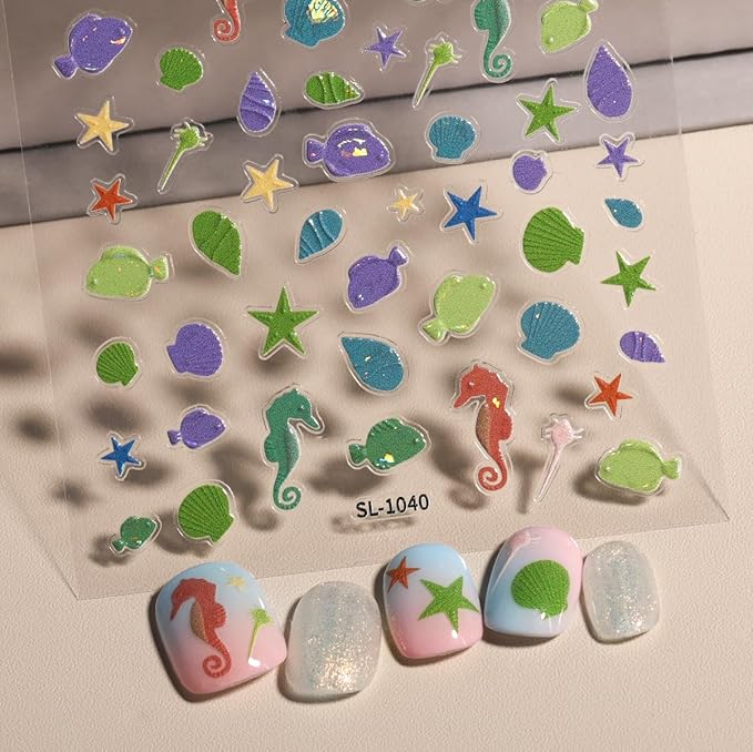 Summer Ocean Style 5D Embossed Dream Shell Starfish Jellyfish Beach Nail Stickers - DIY Nail Art Decorations for Summer Vacation A Set of 3 Sheets