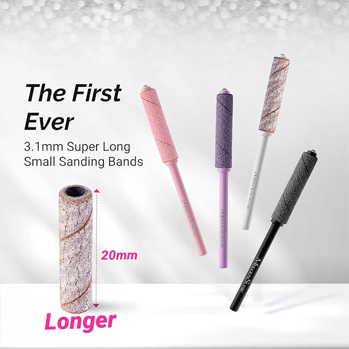 MelodySusie 50 Pcs Nail Drill Bits Super Long Small Sanding Bands with 3.1mm Crystal Mandrel Bit, 180 Fine Grit Nail File for Acrylic Nails Gel Manicures and Pedicure, Zebra