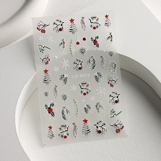 4Pcs Christmas Nail Art Stickers 5D Embossed Nail Decals Winter Christmas Tree Elk Snowflake Nail Art Design Self Adhesive Nail Supplies for Women DIY New Year Xmas Holiday Nail Decoration Accessories
