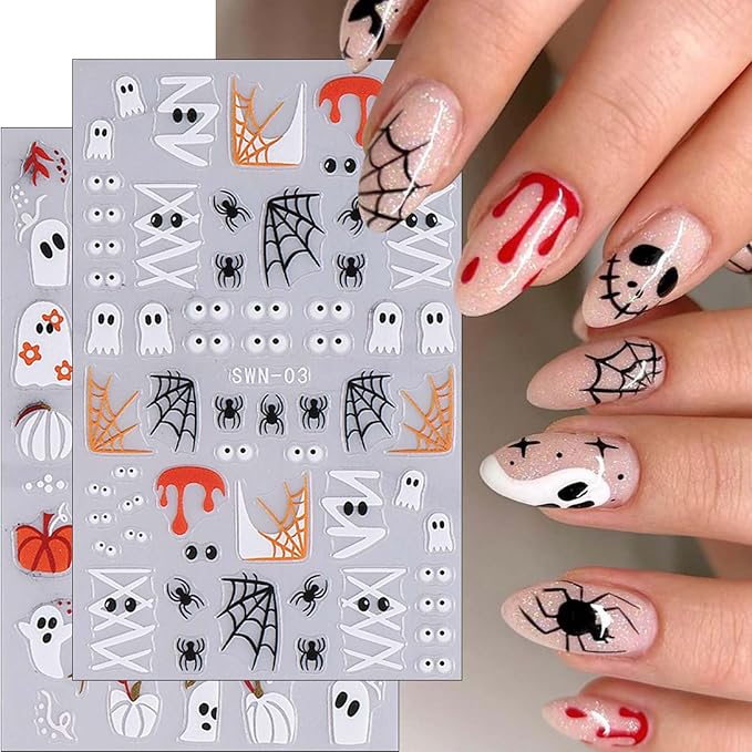 ONPRESS 4Sheet Halloween Nail Stickers Spooky Ghost Face Pumpkin Nail Decals 5D Self Adhesive Nail Spider Cat Flower Bat Bone Hand Star Leaves Relief Nail Art Stickers Nails for Women DIY Manicure