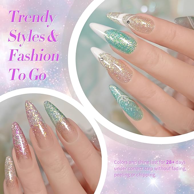 Born Pretty Reflective Glitter Gel Nail Polish, 6 Spring Light Colors Holographic Gel Polish Long Lasting Sparkly Shiny Nail Polish U V Set for Manicure and Nail Art, DIY at Home, Salon-Quality 7ml