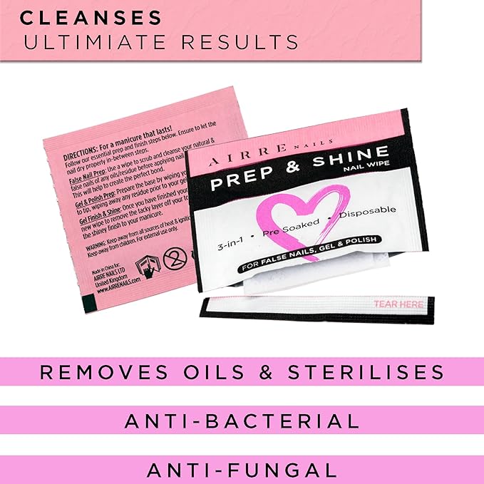 AIRRE 50 Professional Alcohol Prep & Shine Nail Wipes (3in1) Alcohol Wipes for Gel Nails, Acrylic Nails, Press-On Nails & Tips. Removes Sticky Gel Layer Residue, Preps UV/LED Gel Polish & False Nails