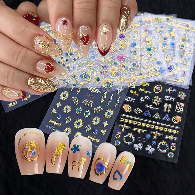 30 Sheets Gold Nail Art Stickers Blue Diamond Nail Design Stickers Heart Self Adhesive Acrylic Nail Supplies 3D Cute Floral Nail Decorations for Women Girls