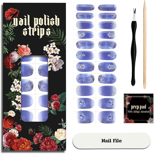 Nail Polish Strips - 22 Pcs Salon Quality Gel Nail Stickers - Long Lasting Wraps (Mystery of The Deep Blue)