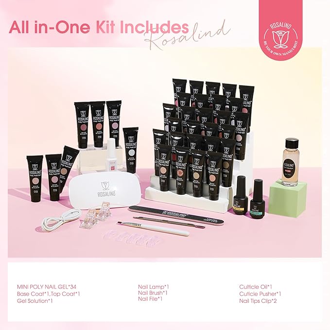 ROSALIND Poly Nail Gel Kit -34 Colors + White Brown Accessories Clear Nude Poly Nails Gel Starter Kit with Mini UV Lamp Slip Solution Nude Pink Extensions Set