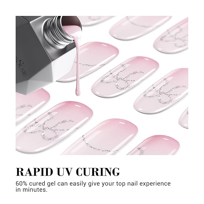 MelodySusie 30PCS Semi Cured Gel Nail Strips (Pink Bow French Tips), Works with Nail lamp, Salon Quality, Long Lasting, Easy to Apply and Remove, Includes 2 Prep Pads, Nail File and Wooden Stick