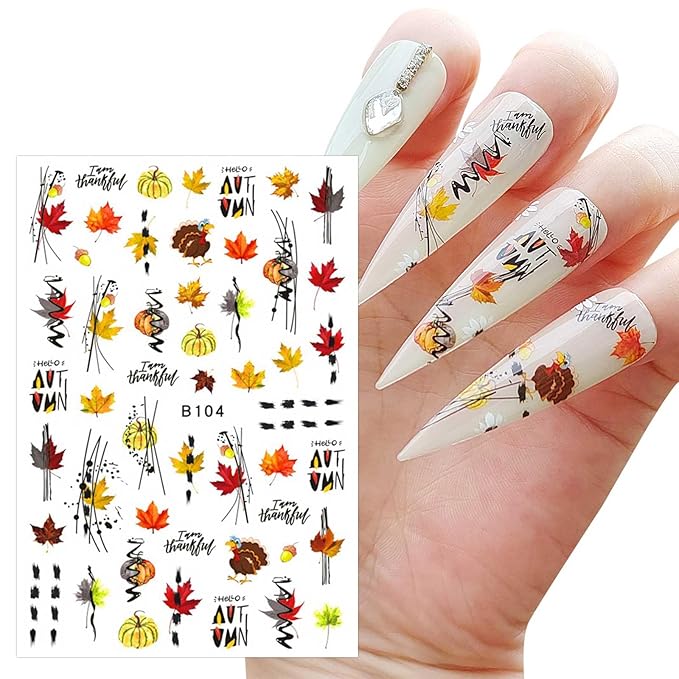12 Sheets Fall Thanksgiving Maple Leaf Nail Art Stickers Decals Self Adhesive Pegatinas Uñas Autumn Pumpkin Leaves Design Manicure Tips Nail Decoration for Women Girls