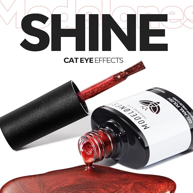 modelones Red Cat Eye Gel Nail Polish,15 ML Magnetic Glitter Holographic Red Ruby Glass Polish Reflective Jelly Translucent UV Gel Top Coat Manicure Art DIY Salon Gift for Girl Women