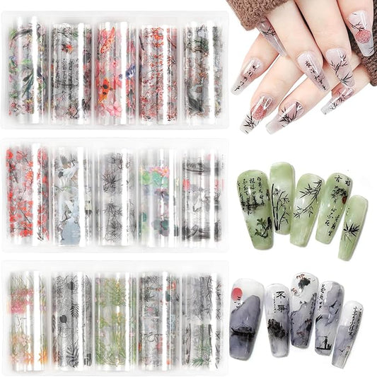 DANNEASY 30 Rolls Nail Art Foil Transfer, Landscape Painting Nail Foil Wraps Bamboo, Flowers, Cranes, Plum Blossoms Stickers Starry Sky Holographic Nail Foils for Women Nails Supplies
