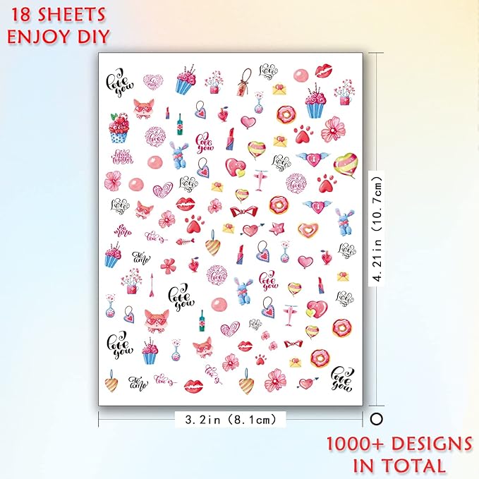 Nail Art Stickers for Women Girls Kids, 18 Sheets Acrylic Decals with Tweezers, Heart Sunflower Fruit Panda Lips Designs, Self-Adhesive Waterproof Nail Decoration