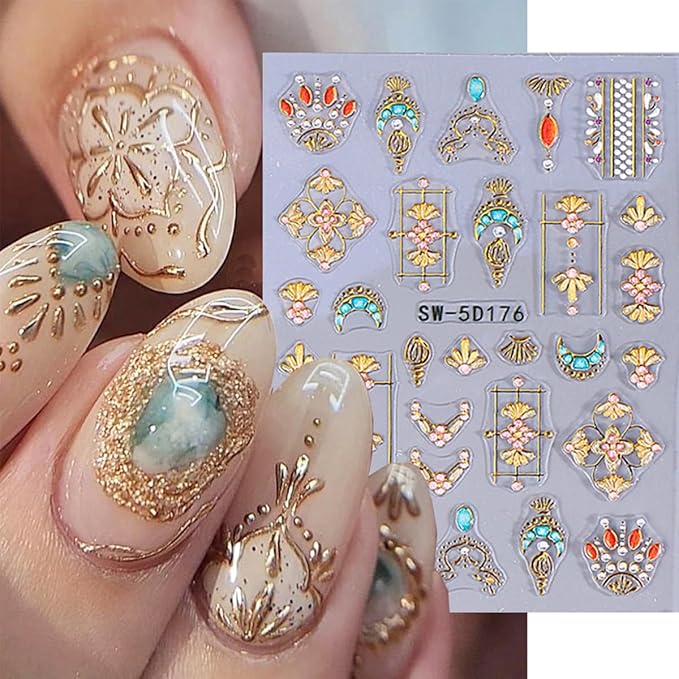 2 Sheets Embossed Sun Star Nail Stickers Bohemian Style Gold Nail Decals Sun Moon Nails Art Stickers Bohemia Luxury Gem Metallic Nail Design Stars Sticker for Manicure Decoration Supplies Tips