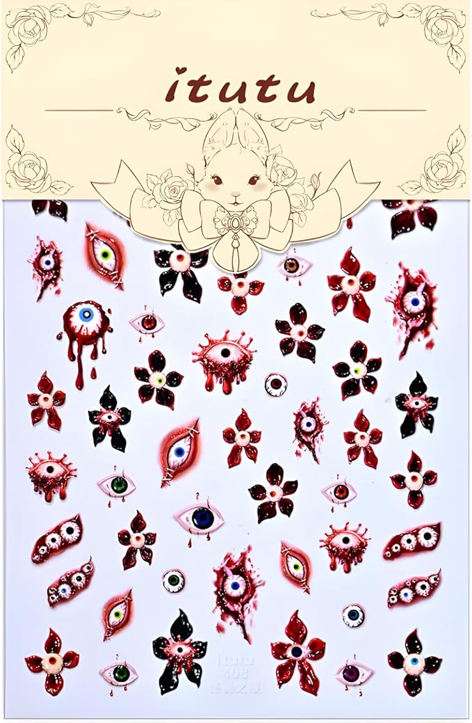 Halloween Nail Stickers Flower Nail Sticker for Nail Art 5D Self-Adhesive Evil Eye Nail Decals Red Nail Art Supplies Accessories Decoration for Women and Girls
