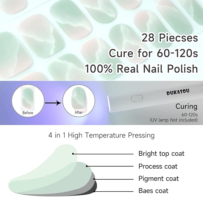Semi Cured Gel Nail Strips, Green Waves | 28 pcs Gel Nail Strips Work with Any UV Lamp, Salon Quality UV Nails Stickers, Easy to Apply for Home Nails DIY