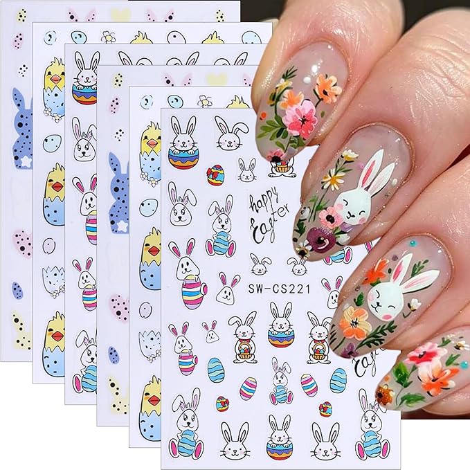 6 Sheets Easter Nail Art Stickers 3D Self-Adhesive Bunny Nail Stickers Rabbits Chick Egg Nail Design Easter Nail Decals Cute Nails Decoration Supplies for Women Girls DIY Acrylic Nails Accessories
