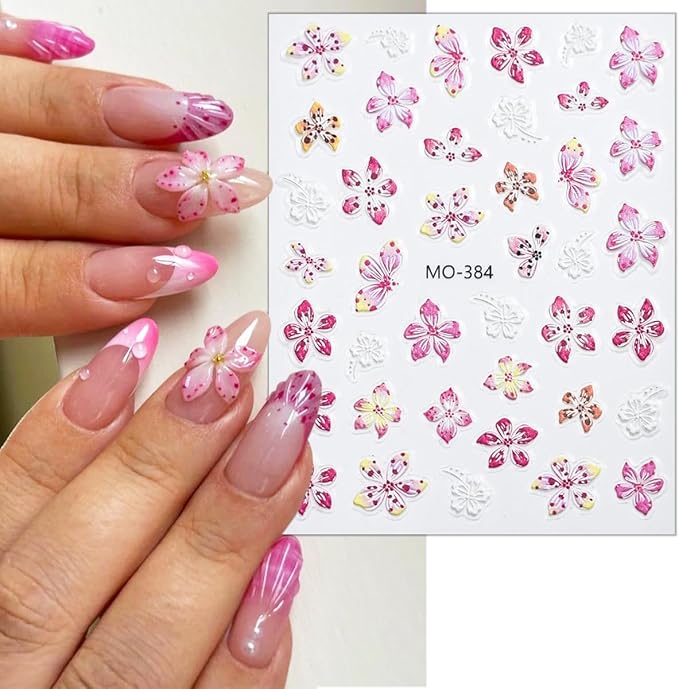 3 Sheets Embossed Flower Nail Stickers for Art - Colorful Floral 5D Self-Adhesive Autumn Flowers Decoration Supplies - Leopard Designs Decals for Women Girls