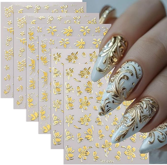 Gold Flower Nail Art Stickers 3D Self Adhesive Nail Stickers Metal Nail Decals with Bronzing Floral Leaf Design Cute Nail Sticker for Nails Art Decoration Salon Manicure Supplies for Women 6 Sheets