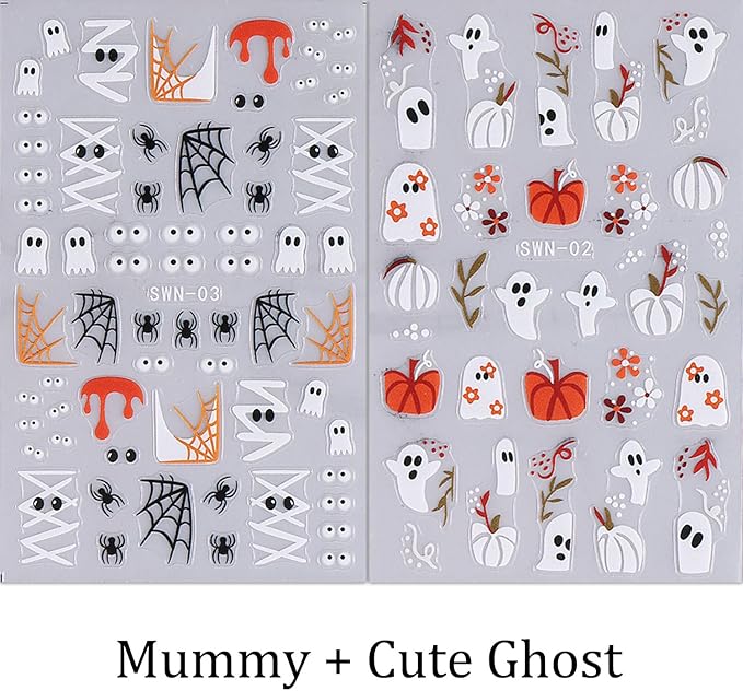 4 Sheets Halloween Nail Art Stickers 5D Embossed Cute Ghost Nail Stickers Black Cat Pumpkin Design Flower Finger Skeleton Nail Decals Nail Art Supplies for Women Acrylic DIY Nail Decorations