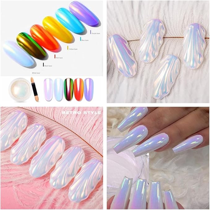 Unicorn Chrome Nail Powder and Holographic Nail Powder Nail Chrome Powder Set, Mermaid Aurora Chrome Nail Powder White Mermaid Chrome Pearl Nail Powder