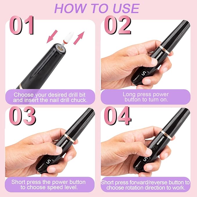Electric Nail Filer, Professional Nail Drill Kit, Electric Nail Drill Kit, Portable File for Acrylic Gel Nails, Cordless Nail File Electric Manicure Pedicure Tools with Drill Bits for Home Salon