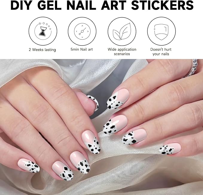 Semi Cured Gel Nail Strips, 28 pcs Gel Nails Stickers for Women Work with Any UV Lamp, Salon Quality Nail Wraps for Home DIY Nails Art (Pink Cow)