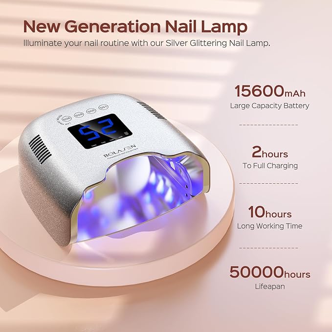 BOLASEN Cordless Rechargeable UV Nail Lamp - UV Light for Gel Nails with Metallic Reflector & Metal Base, 54W Portable Wireless LED Nail Dryer, Professional Curing Lamp for Salon, Silver Glitter