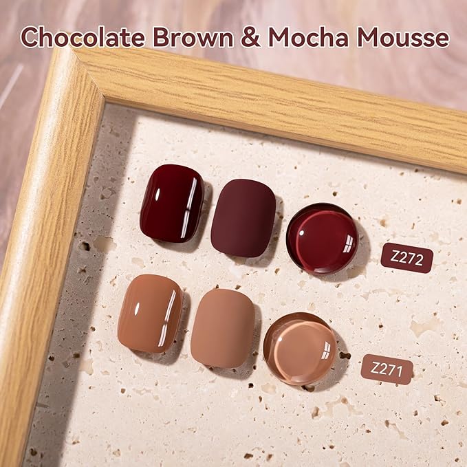 Chocolate Brown Nail Polish, 2 Colors Mocha Mousse Fall Winter Nail Polish Duo Non-Gel, Opaque, Fast Drying, Streak Free & Long Lasting Glossy Nail Art Gift for Women