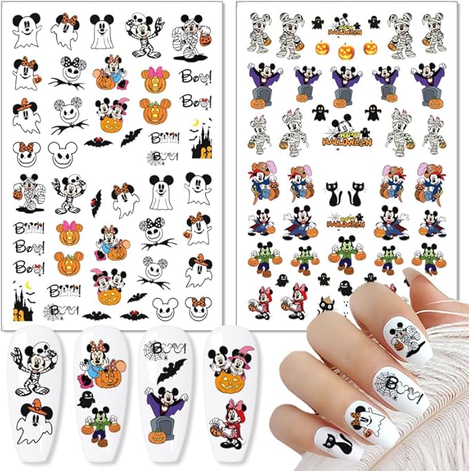 8 Sheets Halloween Nail Art Stickers Decals 3D Self-Adhesive Horror Gothic Ghost Bat Spider Web Nail Decals Design Halloween Stickers for Women DIY Manicure Cartoon Party Nails Decoration Supply